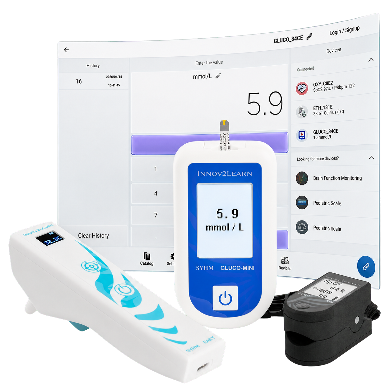 Die Innov2Learn App mit verbundenem Oxi, Ear-T und Gluco-mini; jedes Gerät zeigt den von der Lehrperson gesetzten Wert